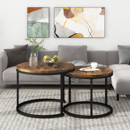 Set van 2 Ronde Bijzettafels – Salontafel – Nachtkastje – Tafelset – Side Table – Bruin Metalen Frame – Ruimtebesparend Ontwerp – Eenvoudig Montagedesign