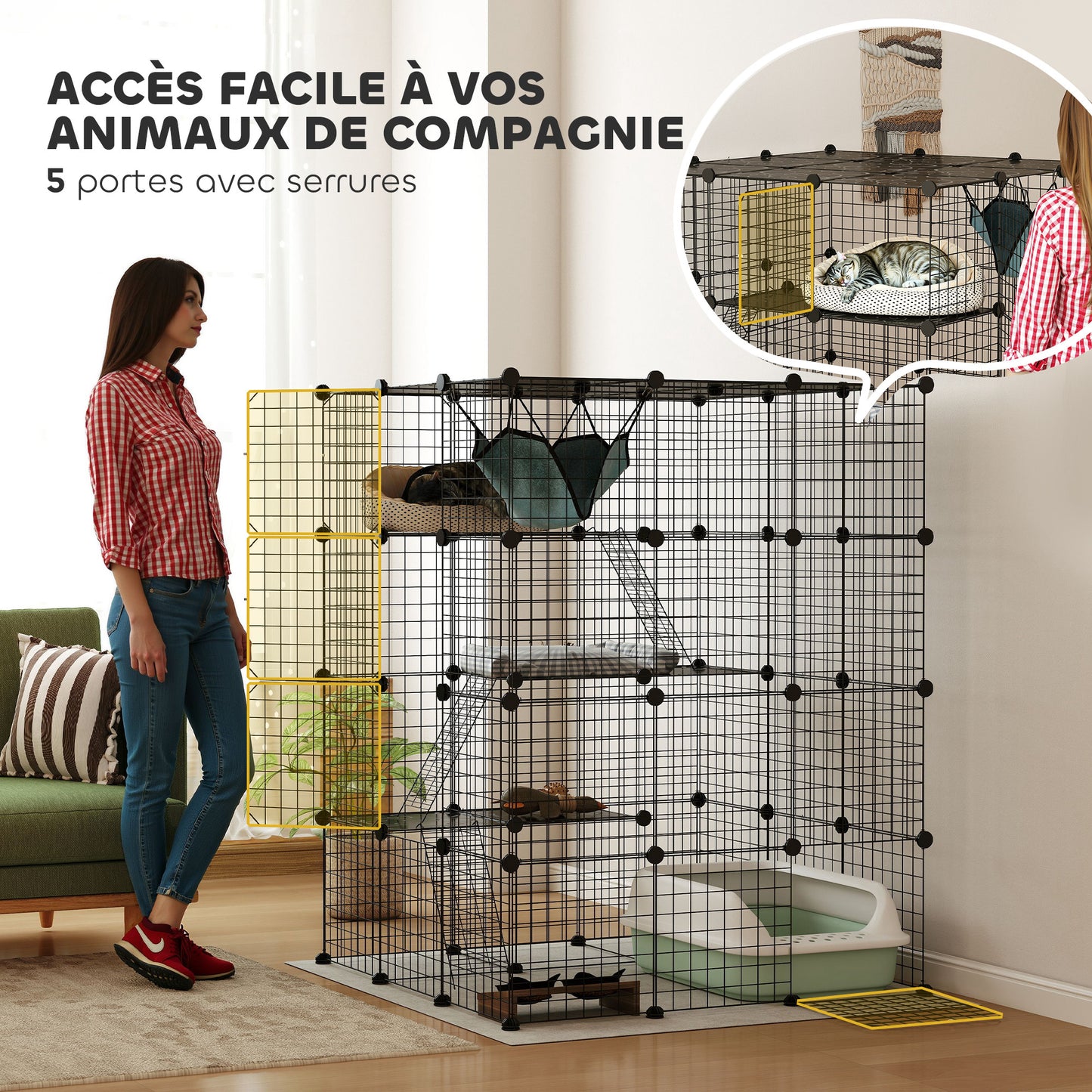 Modulaire Binnenren – Konijnenren – Kleine Dierenkooi – Binnenkooi – Huisdierenren – Zwart Metalen Draadwerk – 4 Niveaus en 1,1 m² Speelruimte