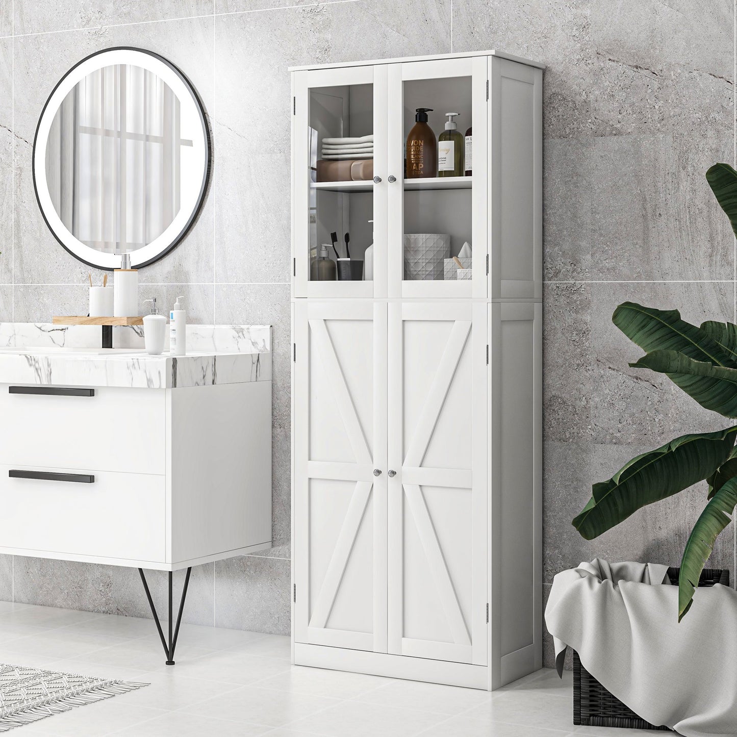 Badkamerkast – Opbergrek – Opbergmeubel – Dressoir – Linnenkast – Wit – Anti-Kantel Systeem – Temperglas Deuren – 60x30x160 cm