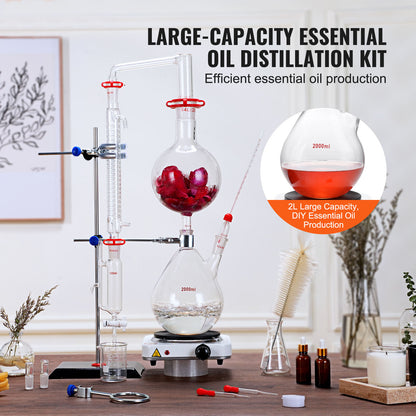 Essentiële Olie Distilleerketel – Destillatieset – Olie Extractieapparaat – Aroma Destillatie Kit – Borosilicaat Glas Set – 2000 ml Inhoud – 1000W Elektrische Verwarmingsplaat
