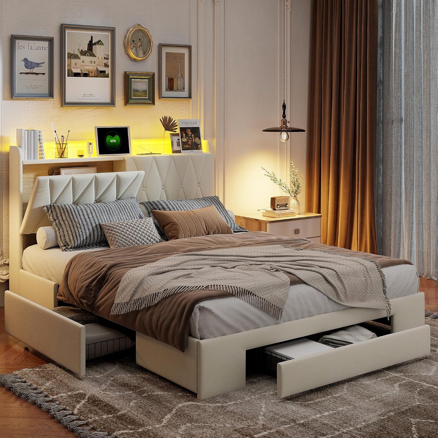 Opbergbed – Gestoffeerd Bed – Tweepersoonsbed – Jeugdbed – Stauraumbed – 160x200 cm – LED Hoofdbord Met USB Oplaadfunctie – 3 Grote Lades Met Houten Lattenbodem