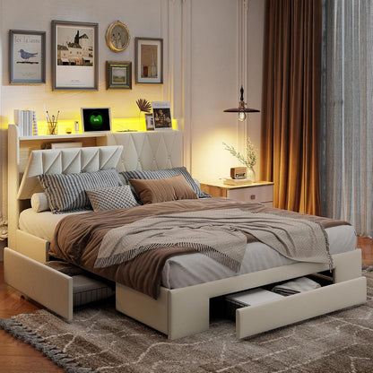 Opbergbed – Gestoffeerd Bed – Tweepersoonsbed – Jeugdbed – Stauraumbed – 160x200 cm – LED Hoofdbord Met USB Oplaadfunctie – 3 Grote Lades Met Houten Lattenbodem