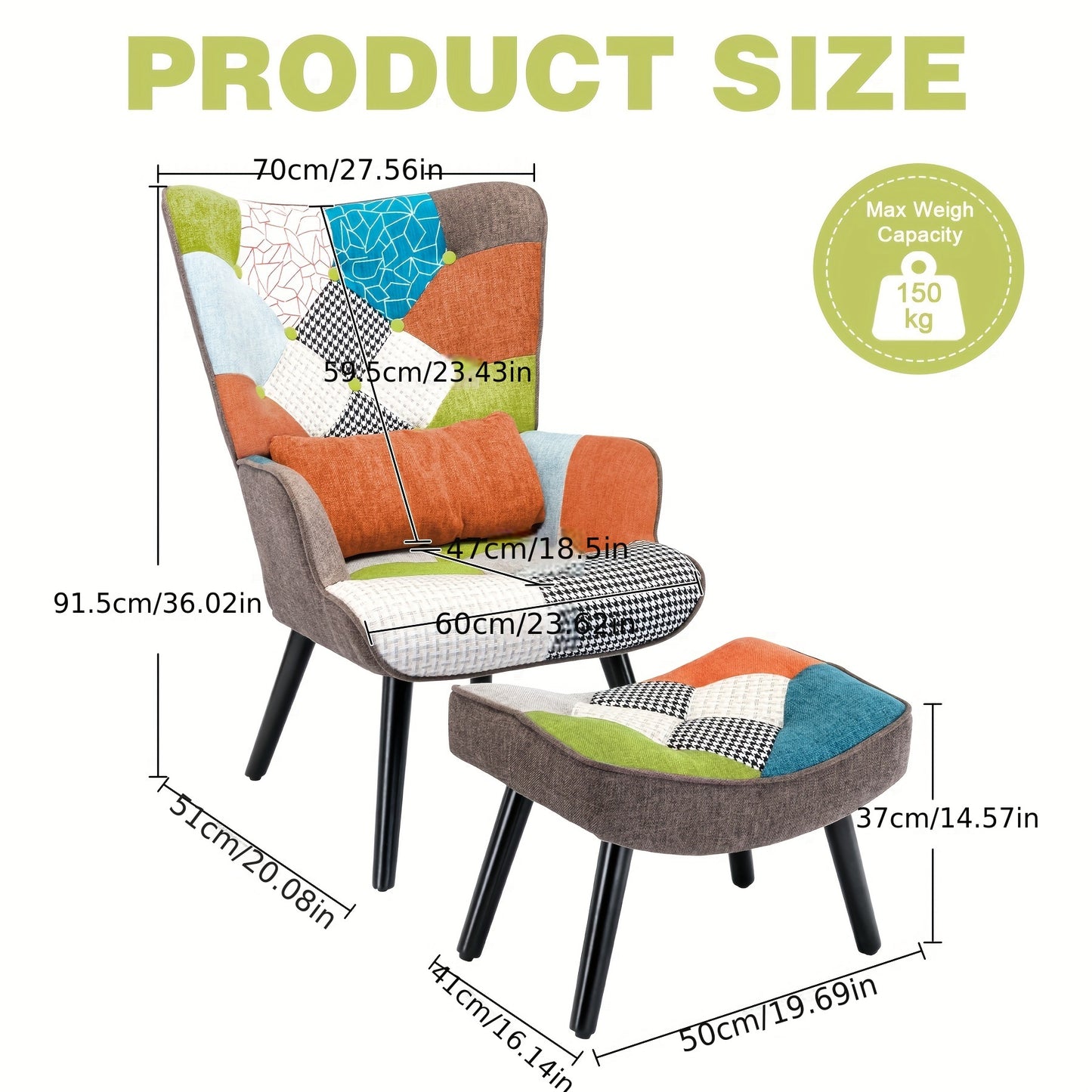 Relaxfauteuil – Fauteuil – Loungefauteuil – Leunstoel – Tv-fauteuil – Patchwork Design – Inclusief Lendenkussen – Linnen Bekleding – Massief Houten Poten – Oranje