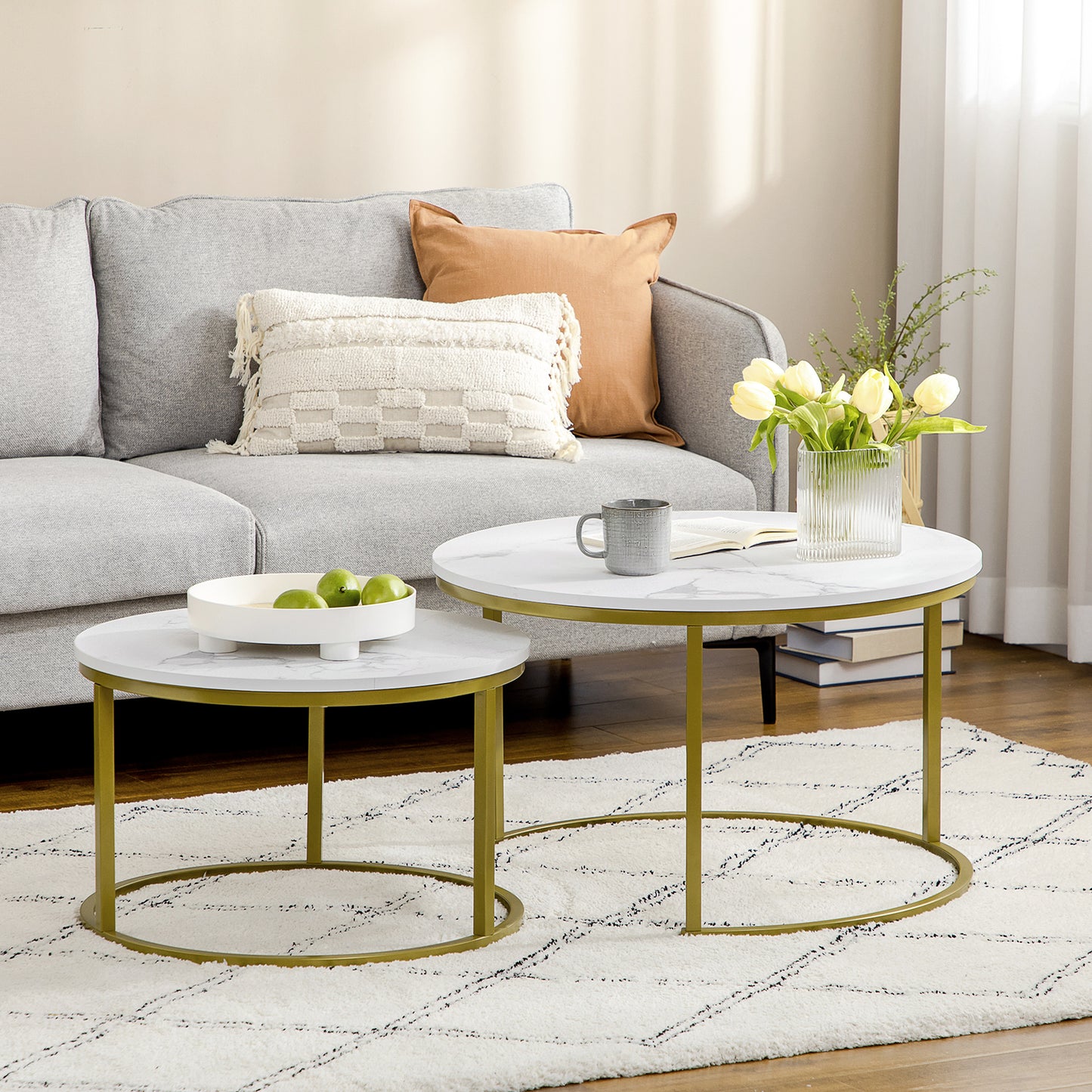 Nesting Salontafel Set – Bijzettafel – Tafel – Tafeltje – Witte Marmerlook – Gouden Stalen Poten – Ruimtebesparend – Modern Design