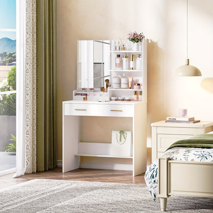 Kaptafel – Make-up Tafel – Schminktisch – Vanity Table – Dressing Table – Wit Met Spiegel – 4 Open Schappen & 2 Lades