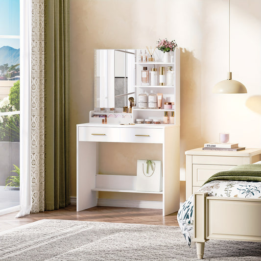 Kaptafel – Make-up Tafel – Schminktisch – Vanity Table – Dressing Table – Wit Met Spiegel – 4 Open Schappen & 2 Lades