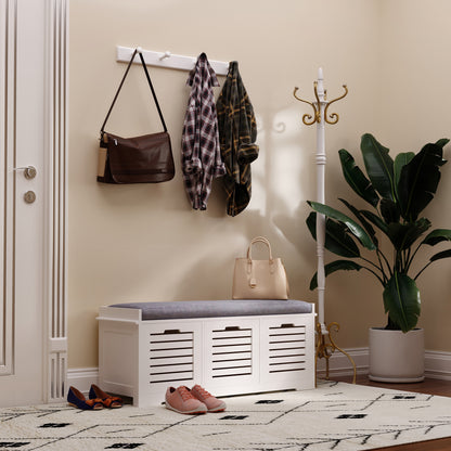 Schoenenbank – Schoenenkast – Opbergbank – Halbank – Zitbank – Met 3 Ventilerende Lades – Comfortabel Verwijderbaar Kussen – Wit – Compact 108x35x43 cm