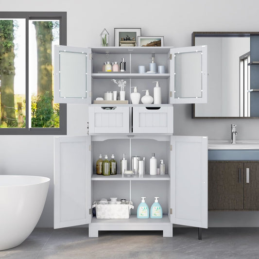 Hoge Badkamerkast – Badkamermeubel – Opbergkast – Kast Met Laden – Witte Badkamerkast – Gehard Glas Deur – Ruimtebesparend Hoog Design