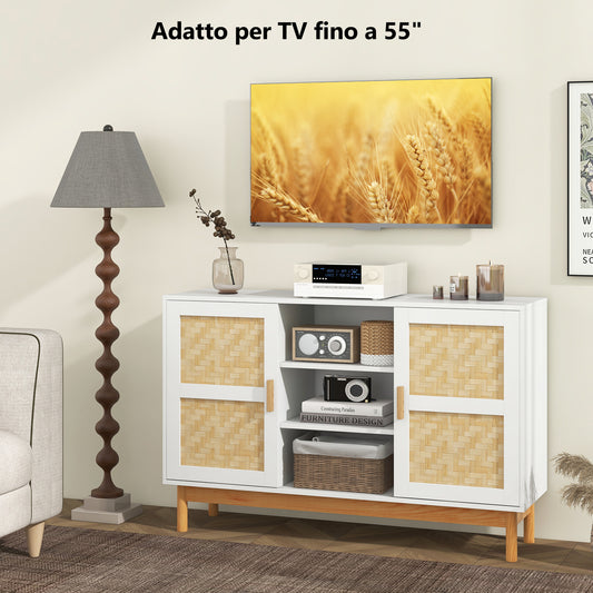 Bamboe kast – Sideboard – Buffetkast – Opbergkast – Tv-meubel – Natuurlijk & Wit – 122 cm breed – 3 Open Planken & 2 Kastdeuren