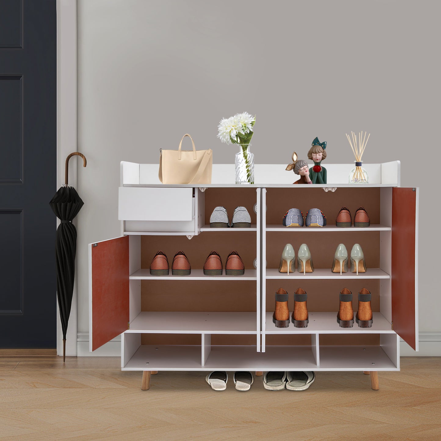 Schoenenkast – Schoenenrek – Schoenenopberger – Schoenenbank – Voordeurkast – Vrijstaand – Ventilatiegaten – Met Lade en 4 Deuren – MDF – Verhoogde Beschermrail – Warm Wit