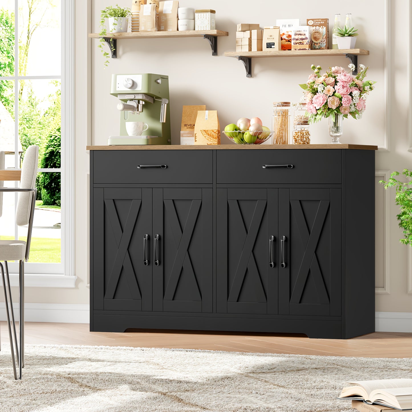 Dressoir – Sideboard – Opbergkast – Ladekast – Kast – Modern Zwart-Wit – 120 cm Breed – Houtvezelplaat – 3,2+ Kubieke Voet Opbergruimte – Vrijstaand – Makkelijk Zelf Te Monteren