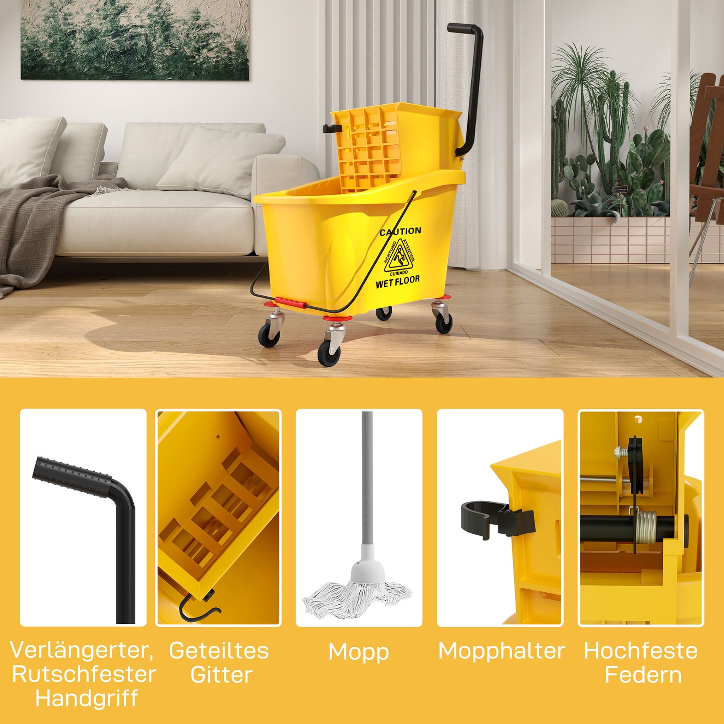 Emmer op Wielen – Mopemmer – Dweil Emmer – Schoonmaak Emmer – Emmer met Wringer – 36 Liter Inhoud – Duurzaam Kunststof Geel