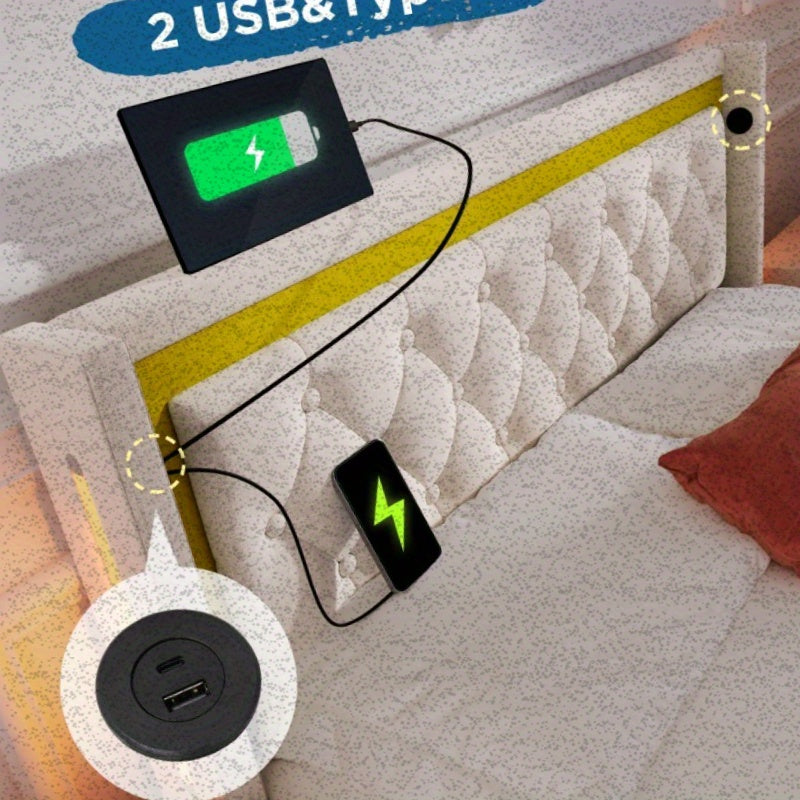 Tweepersoonsbed – Ledikant – Bedframe – Slaapbed – Opbergbed – Met Matras 140x200 cm – Wit Bekleed Frame – Met Opbergruimte Hoofdbord – Voorgeassembleerd – Zonder Stroomvoorziening