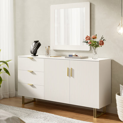 Spiegel en Dressoir Set – Wandspiegel – Kaptafel – Opbergkast – Ladekast – Wit – Gouden Handgrepen – 80x80 cm Spiegel – Bamboe Materiaal