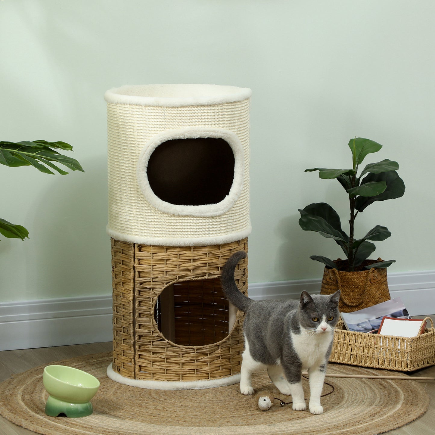 Katzenkrabpaal – Krabton – Kattenpaal – Kattenboom – Kattenhuis – Crèmewit – Drie Niveaus – Sisal Krabpaal – 80 cm Hoog – Ø 40 cm