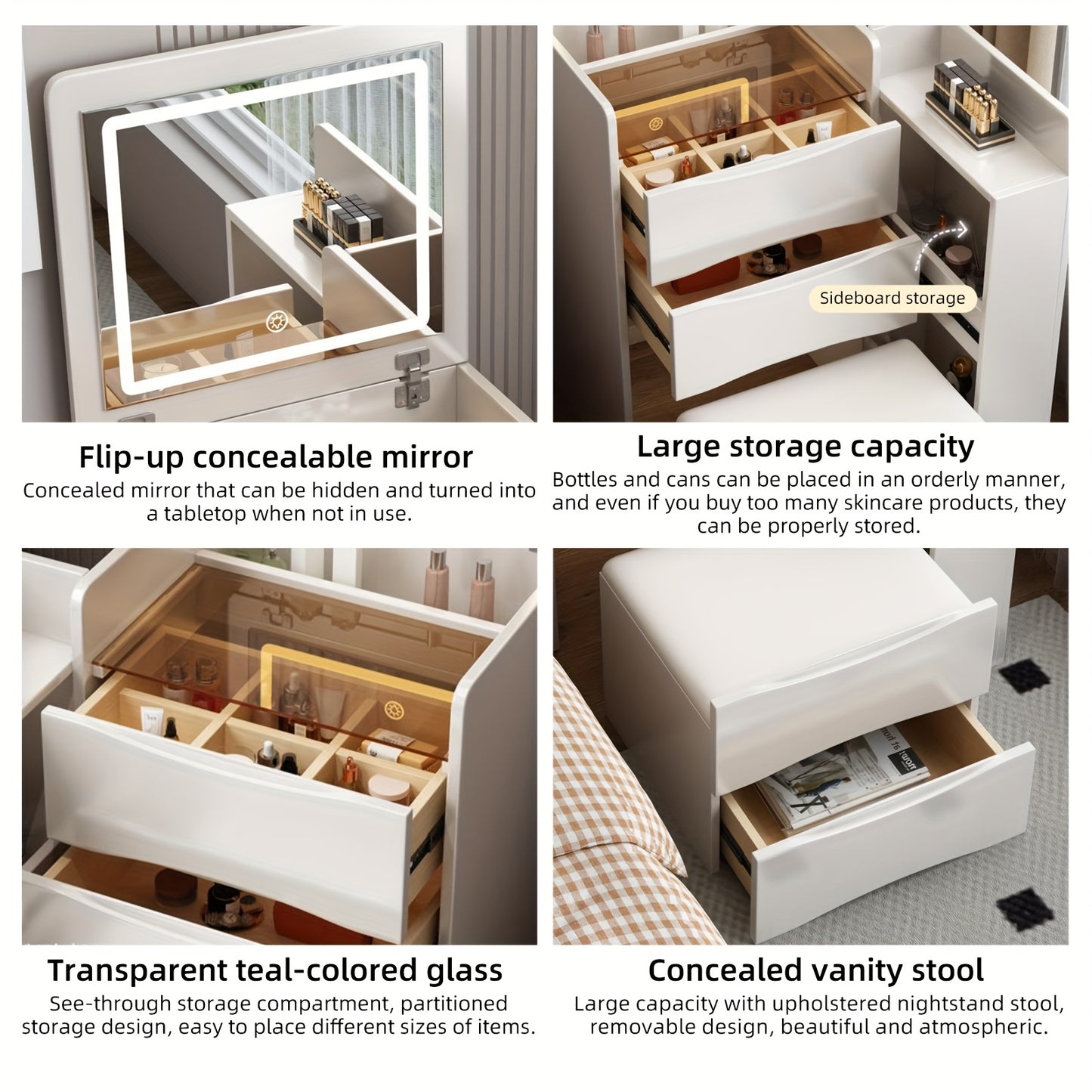 Kaptafel – Make-uptafel – Visagie Spiegel – Schminktafel – Toilettafel – Met 4 Lades en Zijkast – Compacte Eikenhouten Set Wit