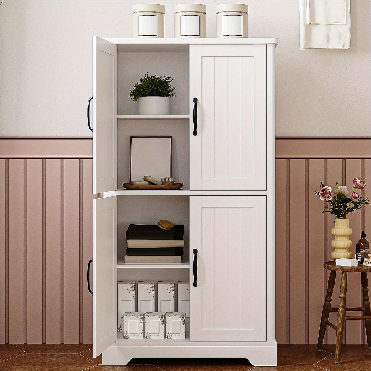 Bathroom Storage Cabinet, Closet Storage System, Standing Cabinet, Double Level with 4 Doors, Adjustable Shelves, Multifunctional Cabinet for Living Room, Kitchen, Bedroom, White, Mounted Closet Systems - QUORE