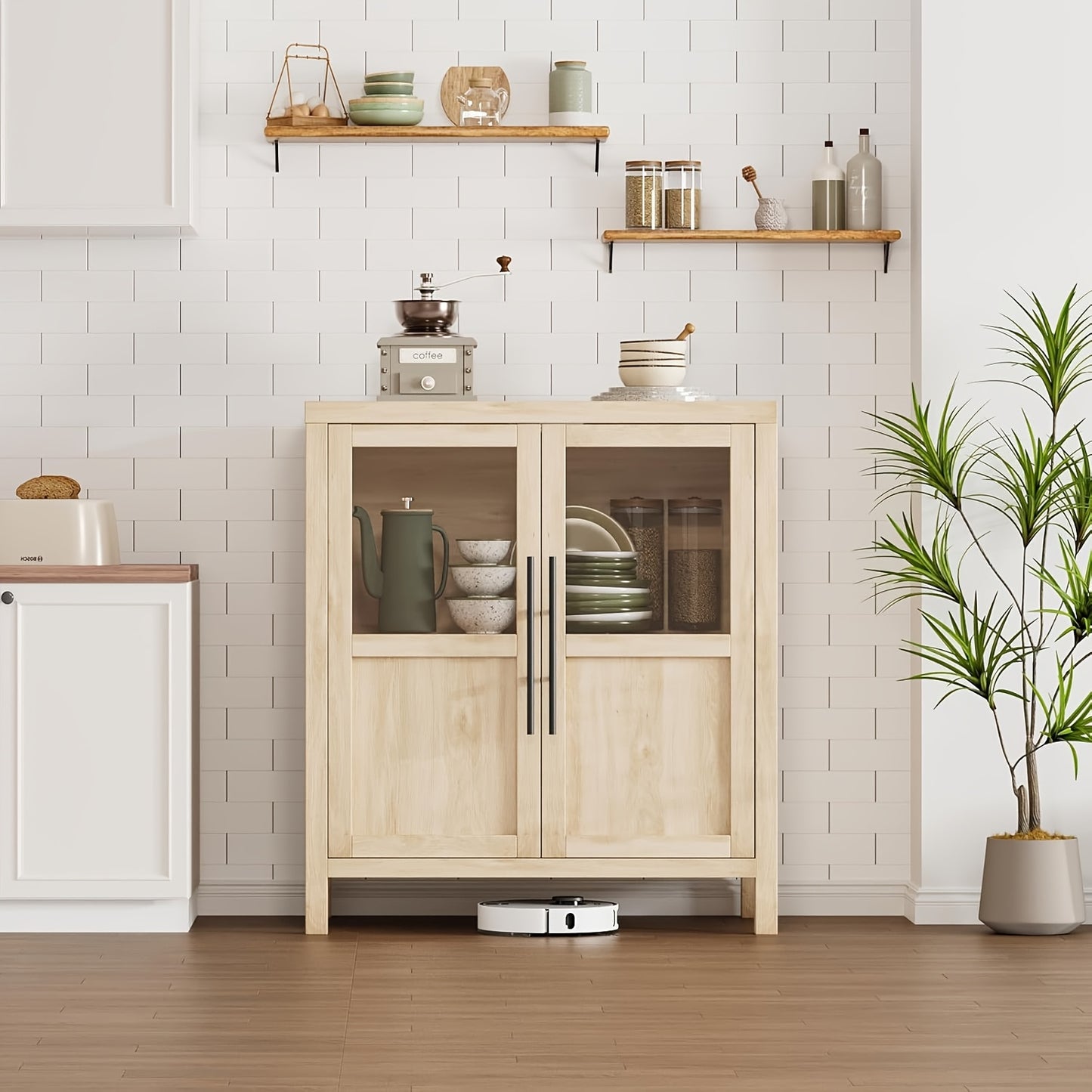 Buffetkast – Sideboard – Dressoir – Opbergkast – Woonkamerkast – 73,7 cm breed – Hoogwaardig MDF met glasdeur – Natuurlijke houtkleur – Eenvoudige montage – Duurzame afwerking
