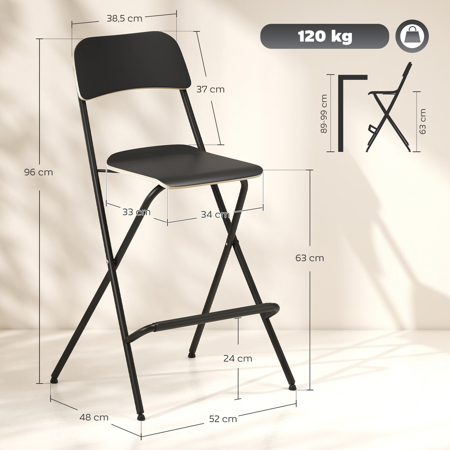 Barkrukken – Barstoelen – Barstoelen Set – Keukenstoelen – Zithoogte 63 cm – Inklapbaar Met Stalen Frame