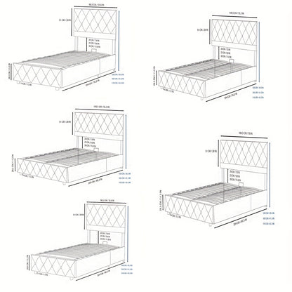 Boxspringbed – Opbergbed – Tweepersoonsbed – Slaapbed – Stofbed – Hydraulische Opbergruimte – Hoog Knoop Hoofdbord – Houten Lattenbodem – Lichtgrijs – Diverse Maten