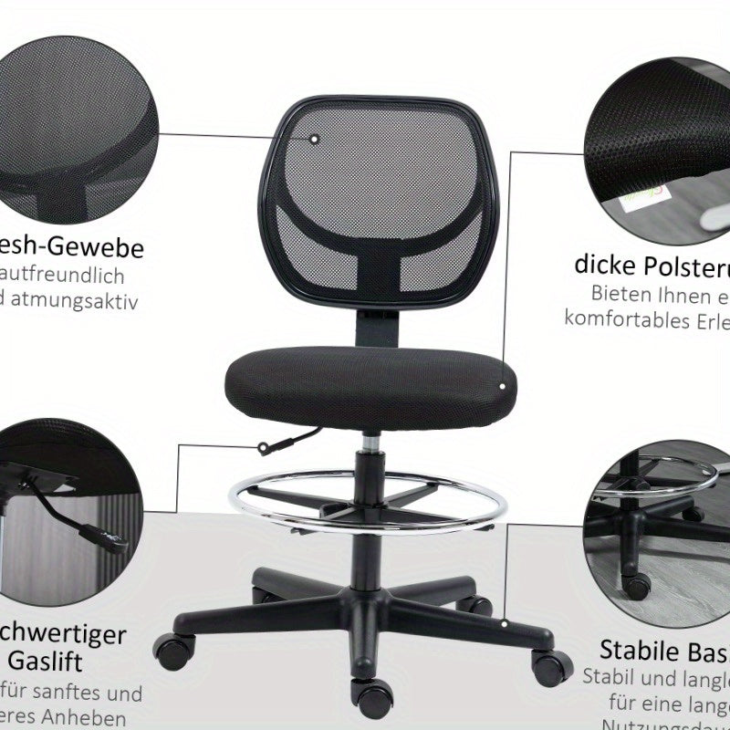 Bureaustoel – Werkstoel – Computerstoel – Studiebureaustoel – Office Chair Zwart – Metalen Frame – Verstelbare Hoogte 58-63 cm – 360° Draaibaar – Comfortabele Gewatteerde Zitting