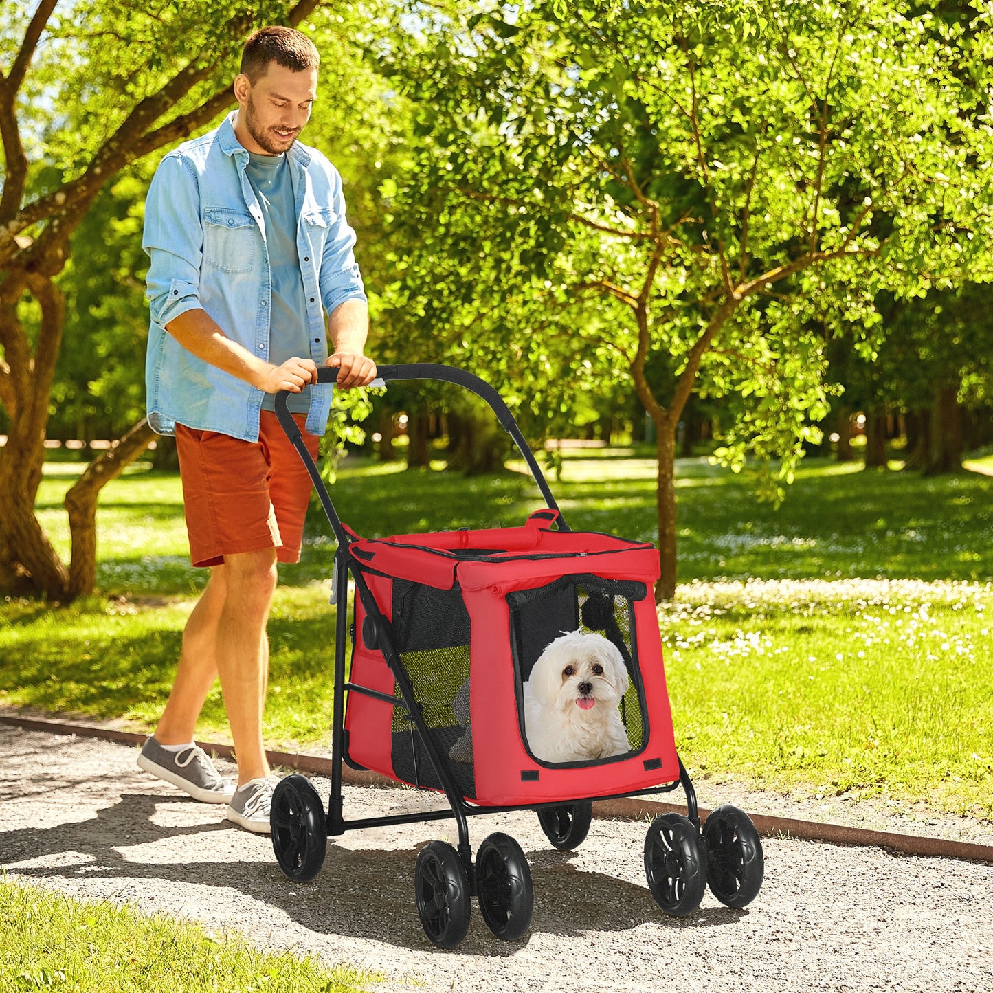 Huisdierwagen – Dierenbuggy – Hondenwagen – Kattenwagen – Wandelwagen – Opvouwbaar – 600D Oxford Stof – Stalen Frame – Kussen Inclusief – Rem Op Wielen – Rood