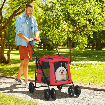 Huisdierwagen – Dierenbuggy – Hondenwagen – Kattenwagen – Wandelwagen – Opvouwbaar – 600D Oxford Stof – Stalen Frame – Kussen Inclusief – Rem Op Wielen – Rood