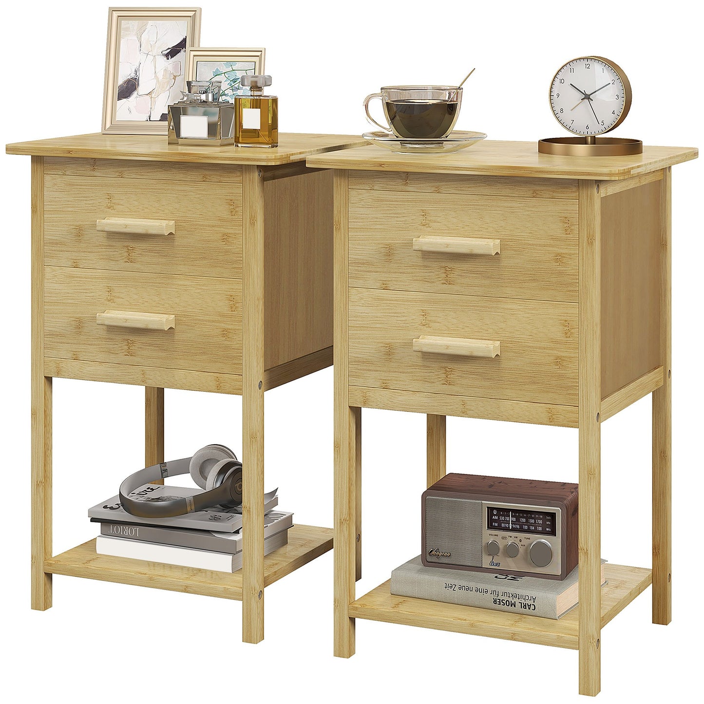 Nachtkastje – Bijzettafel – Ladekastje – Nachtkast – Wandkast – Set van 2 – Scandinavisch Design – Bamboe – 2 Lades & Plank – 40x34x60 cm – Duurzaam & Onderhoudsvriendelijk