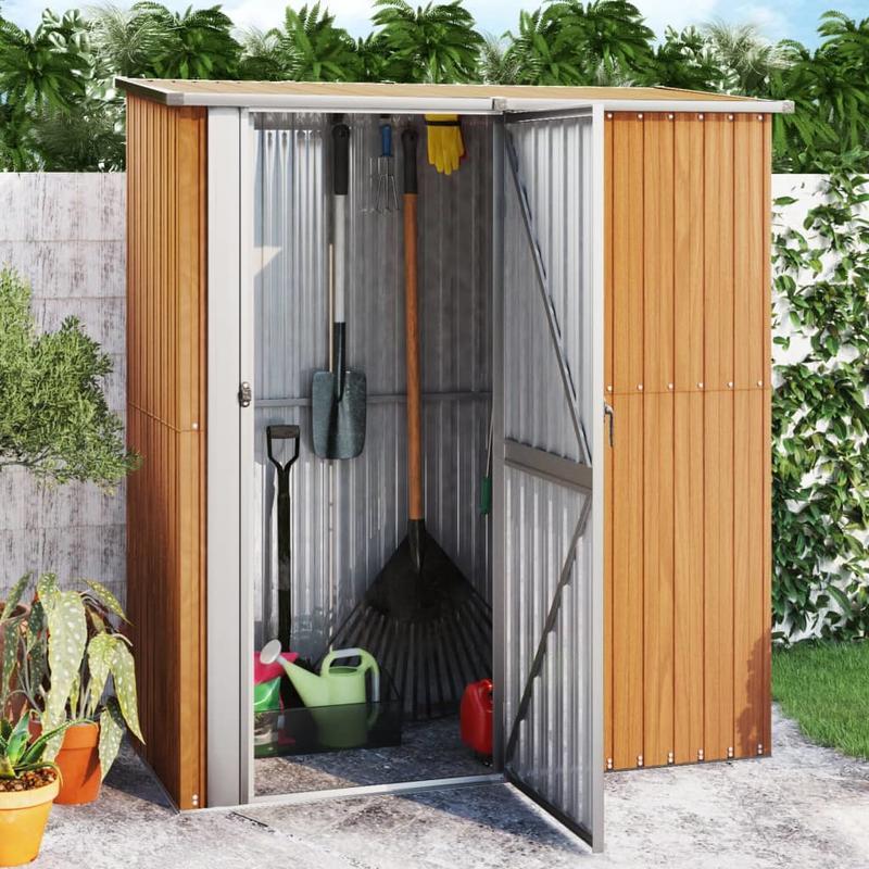 Buitenopslag Berging Tuinhuis Tuinkast Buitenberging – Donkerbruin Houtlook – Gegalvaniseerd Staal – Koperkleurig Dak – 180,5x97x209,5 cm – Veilig Slot – Weerbestendig & Ruim