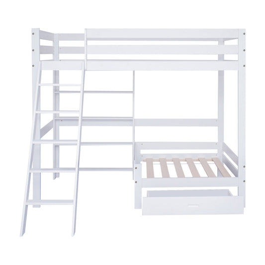 Hoogslaper – Kinderbed – Eenpersoonsbed – Halfhoogslaper – Stapelbed – Wit – 90x200 cm – Ruimtebesparend Met Sofa En Lade – Stevig Massief Houten Frame
