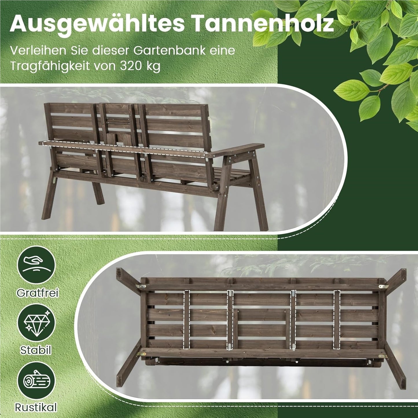 Houten Tuinbank – Buitenbank – Parkbank – Balkonbank – Terrasbank – Opvouwbare Middentafel – Belastbaar Tot 320 Kg – 160x64x86 Cm