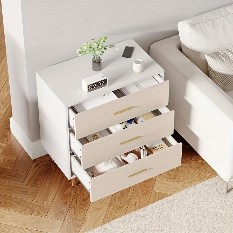 Ladeblok – Ladekast – Nachtkastje – Rolcontainer – Opbergkast – Modern Wit – 3 Lades Met Gouden Handgrepen – Compact 91x70x40 cm