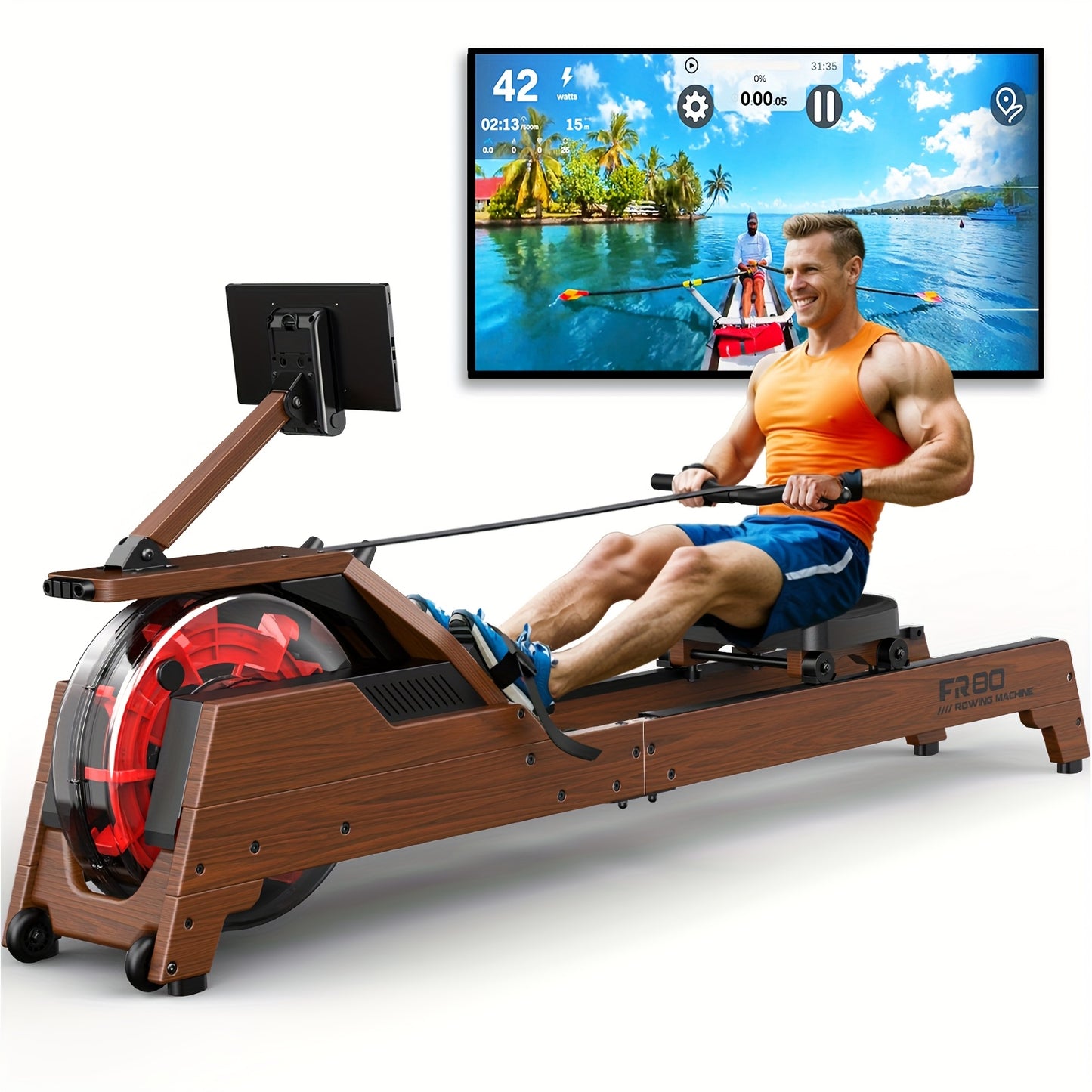 Houten Roeimachine – Waterroeier – Fitnessapparaat – Thuis Gym – Roeitrainer – 90° Upright Tank – Draadloze Monitor – Max Hoogte 200cm – Zwarte Kleur