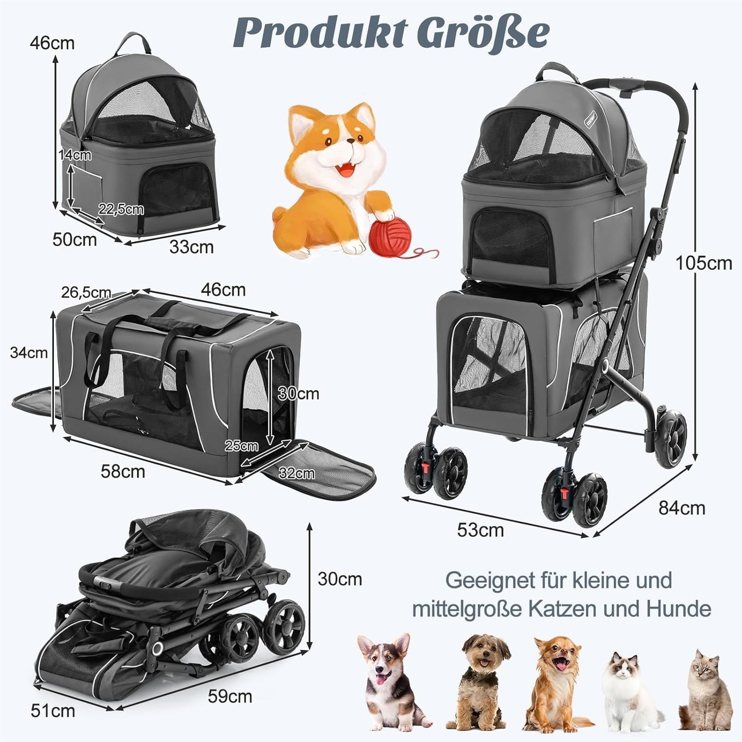 Hondenbuggy – Dierenwagen – Huisdierenwagen – Wandelwagen – Transportbox – 3-in-1 met Ventilerende Gaasramen – Inklapbaar Tot 16 kg