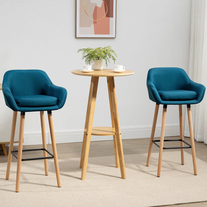 Barstoel – Barkruk – Barstoelen – Keukenstoel – Barkrukken set van 2 – Scandinavisch Design – Houten Poot – Blauw Linnen – Met Voetsteun en Armleuning – Anti-Slip Pads – Robuust Metalen Frame