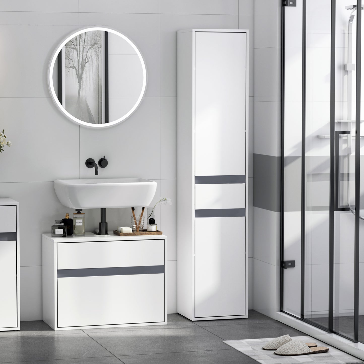 Badkamerkast – Opbergkast – Linnenkast – Kolomkast – Douchekast – Wit Particleboard – 2 Deuren, 3 Planken en 1 Lade