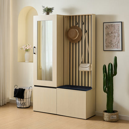Halmeubel – Kapstok – Schoenenkast – Garderobe – Opbergmeubel – Met Spiegel en Bankje – Uittrekbare Kledingrail en 4 Haken – Ruimtebesparend Design voor Kleine Hal