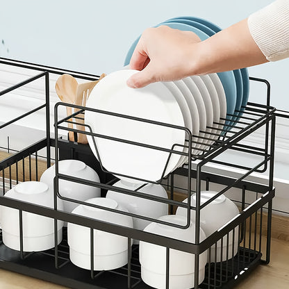2-laags Afdroogrek voor de Keuken – Ruimtebesparend Rek met Gescheiden Compartimenten voor Borden, Kommen en Bestek – Vrijstaand en Efficiënt Afwateringssysteem