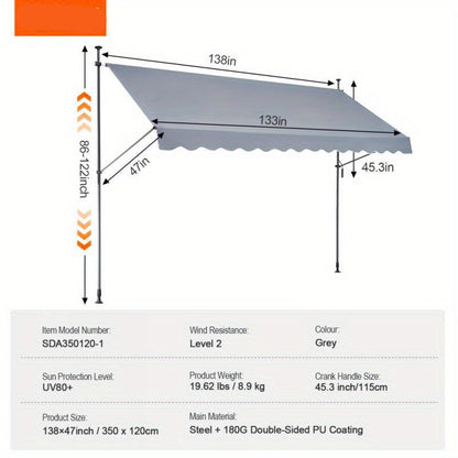 Zonwering – Luifel - Verstelbare Zonnescherm – Buitenluifel – Schaduwdoek – Terraszonwering – 350x120 Cm – Stevige Constructie