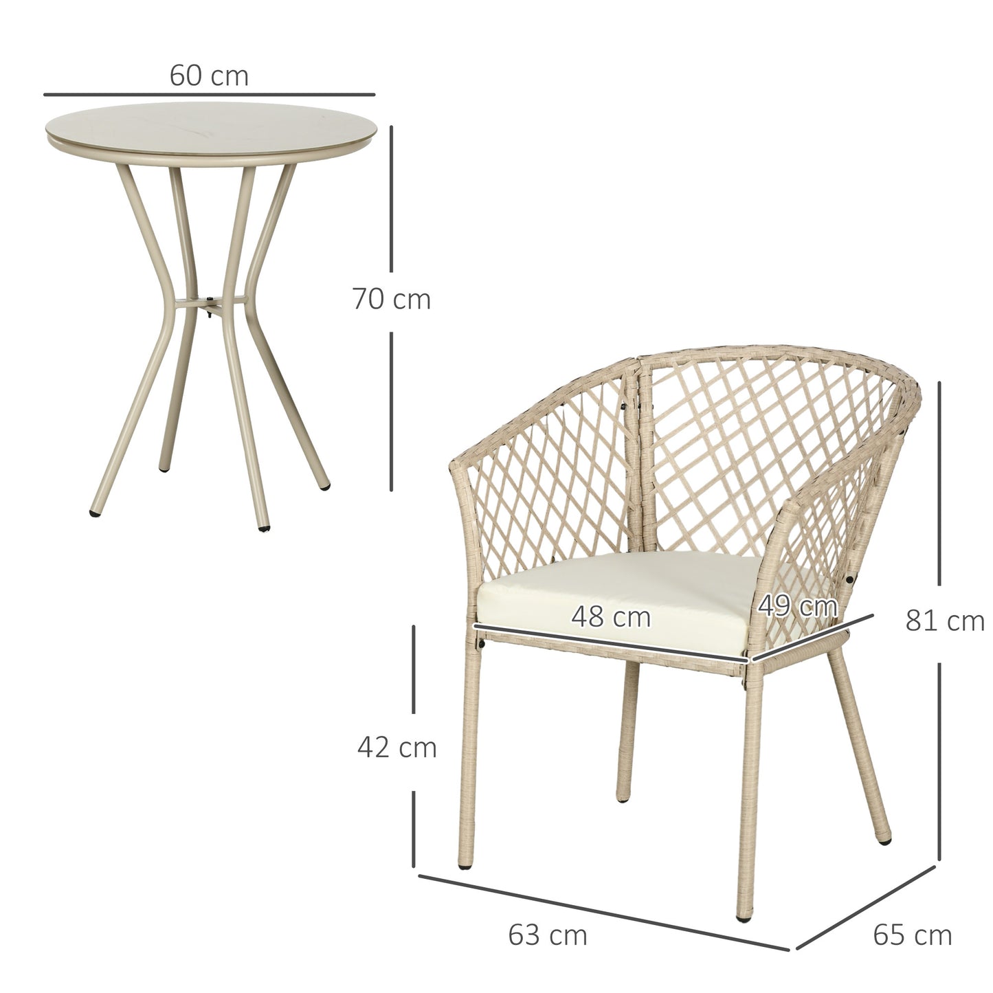 Bistroset – Tuinset – Balkonset – Tuintafelset – Buitenmeubelset – 3-delig – Met Kussens – Ronde Tafel Met Gehard Glas – Weerbestendig Rattan Effect – Beige