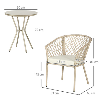 Bistroset – Tuinset – Balkonset – Tuintafelset – Buitenmeubelset – 3-delig – Met Kussens – Ronde Tafel Met Gehard Glas – Weerbestendig Rattan Effect – Beige