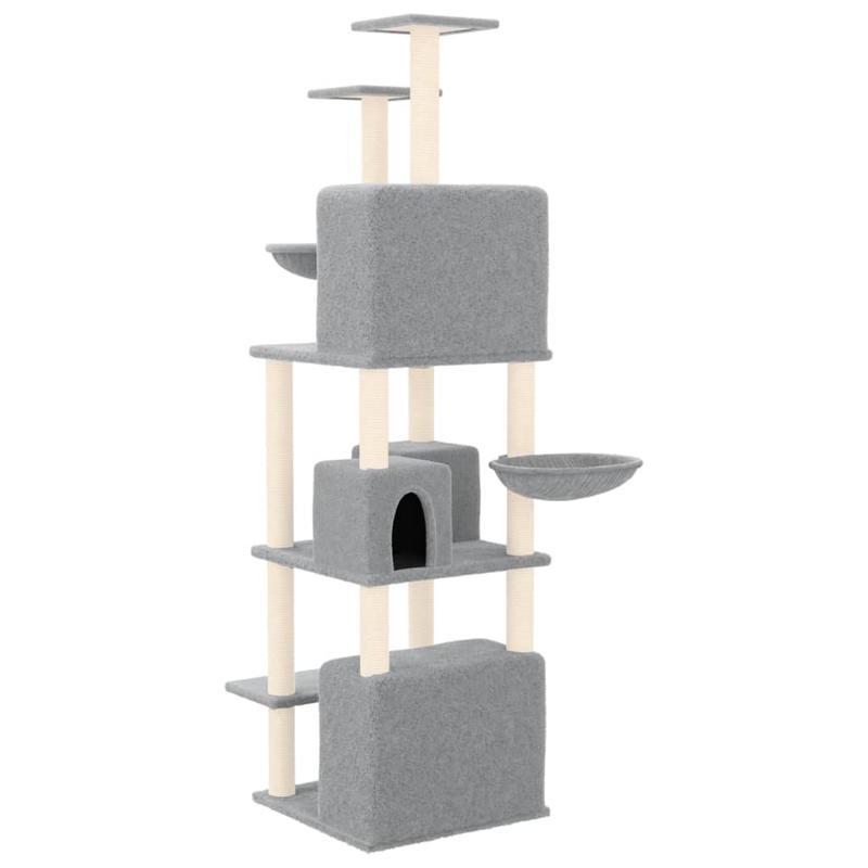 Krabpaal – Kattenklimrek – Kattenboom – Krabmeubel – Kattenhuis – Lichtgrijs – 180 cm Hoog – Duurzaam Plywood Met Sisal