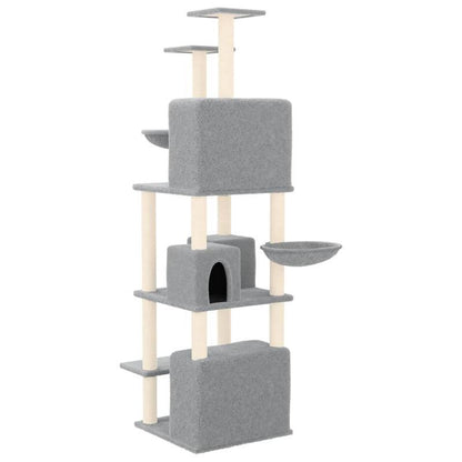 Krabpaal – Kattenklimrek – Kattenboom – Krabmeubel – Kattenhuis – Lichtgrijs – 180 cm Hoog – Duurzaam Plywood Met Sisal