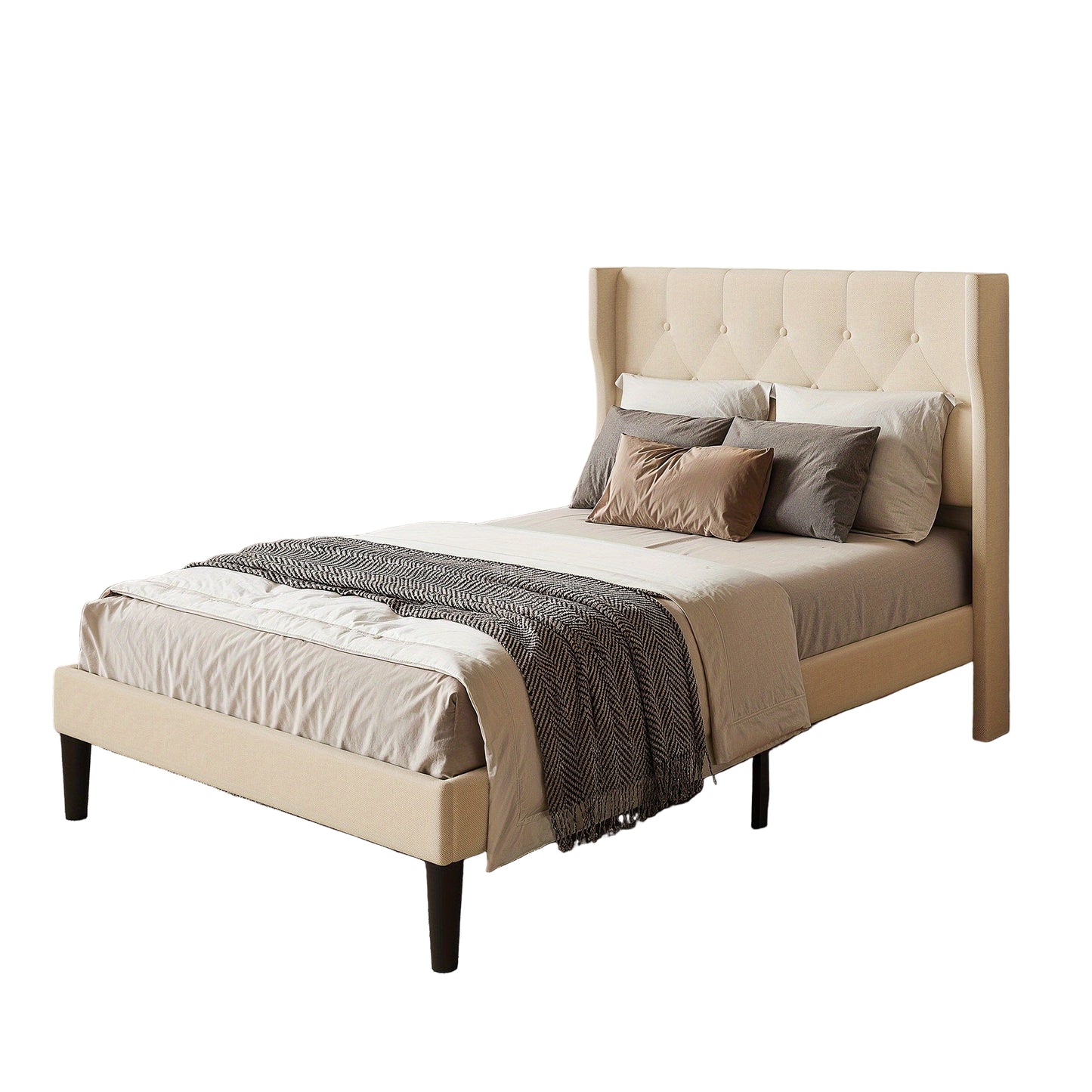 Gepolsterd Bedframe – Bedframe Met Bekleding – Gestoffeerd Bed – Slaapkamerbed – Houten Lattenbodem – Beige Kleur – 20 cm Opbergruimte – Makkelijk Te Monteren