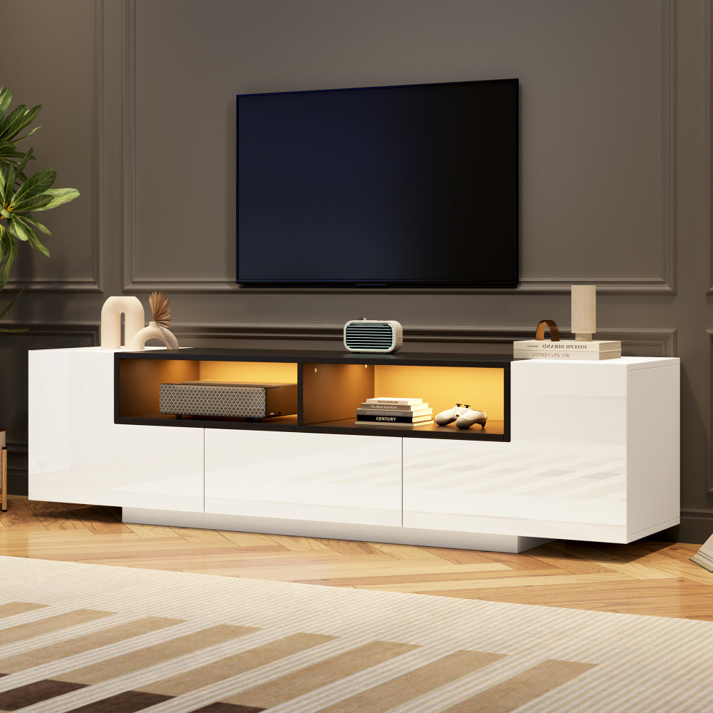 Tv Meubel – TV Kast – TV Dressoir – TV Stand – Entertainment Center – L-vormig Ontwerp – Geschikt voor 75 Inch – Hoogglans Wit Zwart – Vrijstaand Met Opberglades