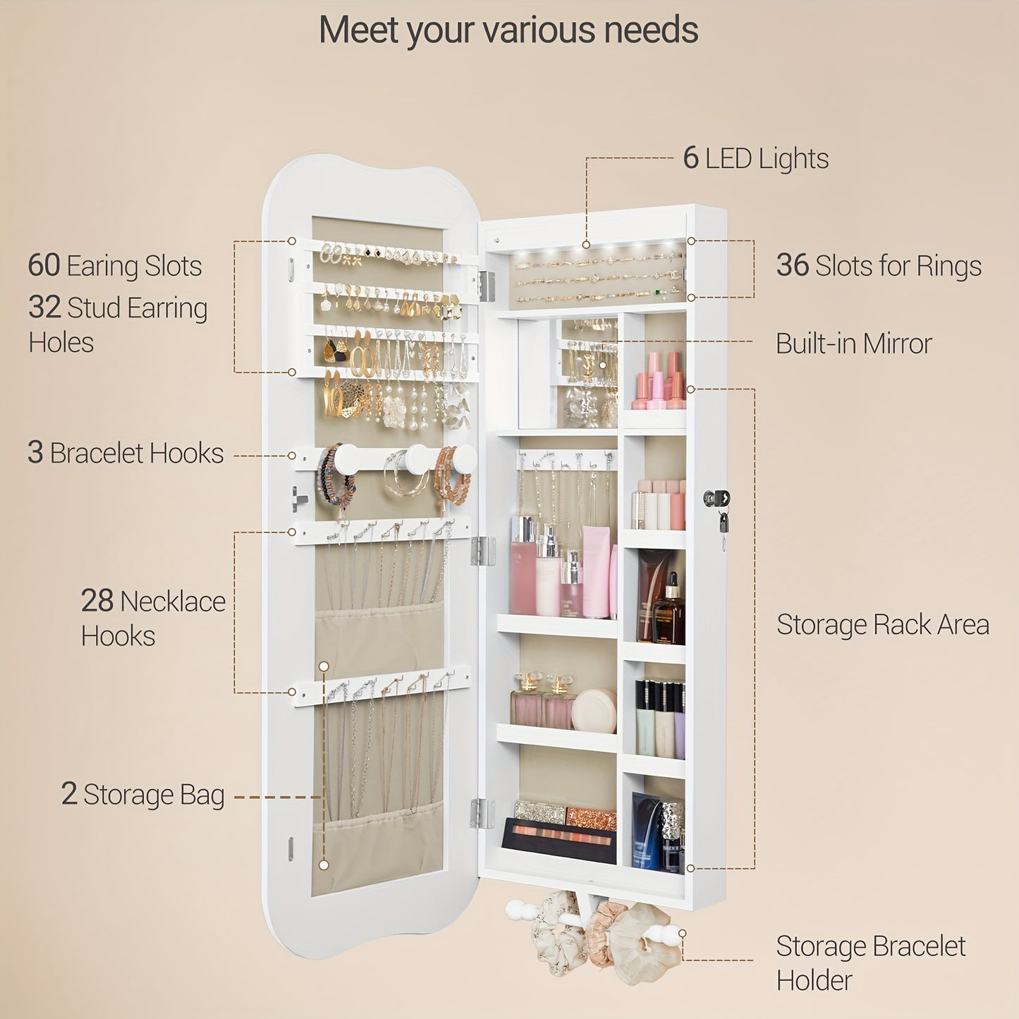 Jewelry Cabinet, Mirror Cabinet, Wall Cabinet With LED Lighting, Wall Cabinet With Mirror, Lockable, With Interior Mirror, Surface In White, Interior Lining In Greige, Jewelry Armoires
