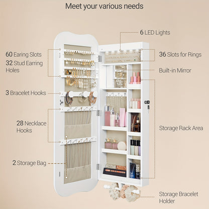 Jewelry Cabinet, Mirror Cabinet, Wall Cabinet With LED Lighting, Wall Cabinet With Mirror, Lockable, With Interior Mirror, Surface In White, Interior Lining In Greige, Jewelry Armoires