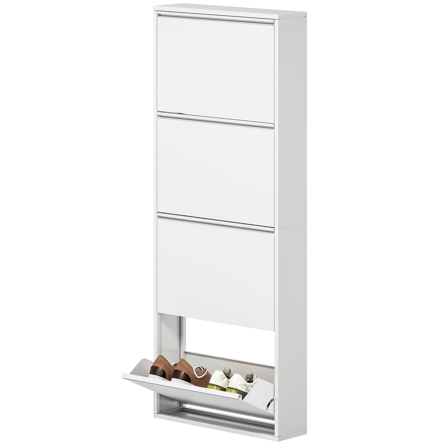 Schoenenkast – Schoenenrek – Schoenenopberger – Schoenenbank – Smalle Metalen Kast – 4 Kantelbare Lades – Geschikt Voor 8 Paar Schoenen – Wit