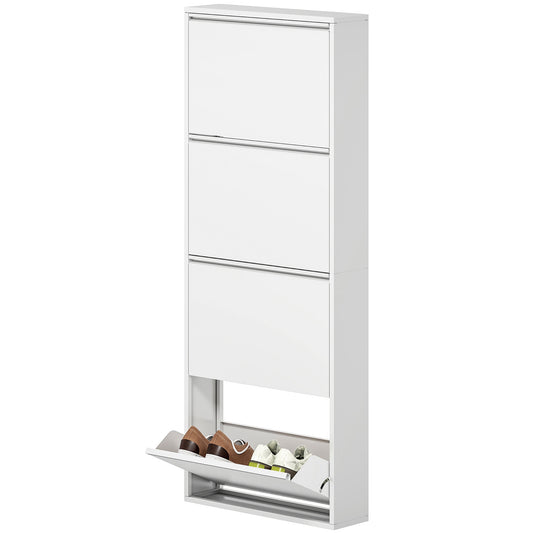 Schoenenkast – Schoenenrek – Schoenenopberger – Schoenenbank – Smalle Metalen Kast – 4 Kantelbare Lades – Geschikt Voor 8 Paar Schoenen – Wit