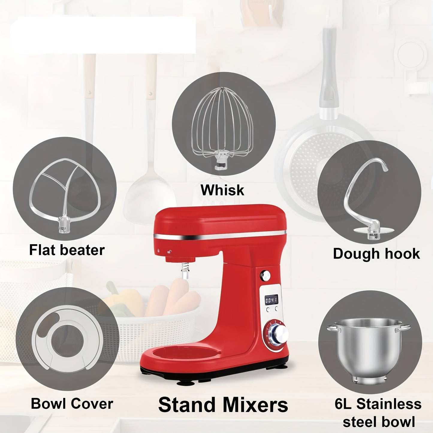 Keukenmixer – Keukenmachine – Keukenrobot – Mixer – Standmixer – 6L Mengkom – 1200W DC Stil Motor – 6 Snelheden met LCD Timer